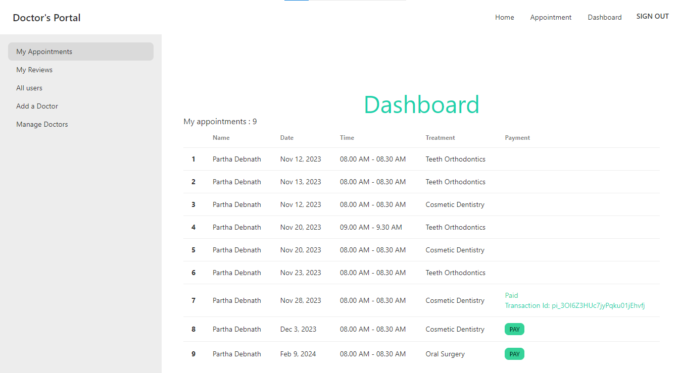 In that page, a user will be able to check all the appointments that he has booked for himself.